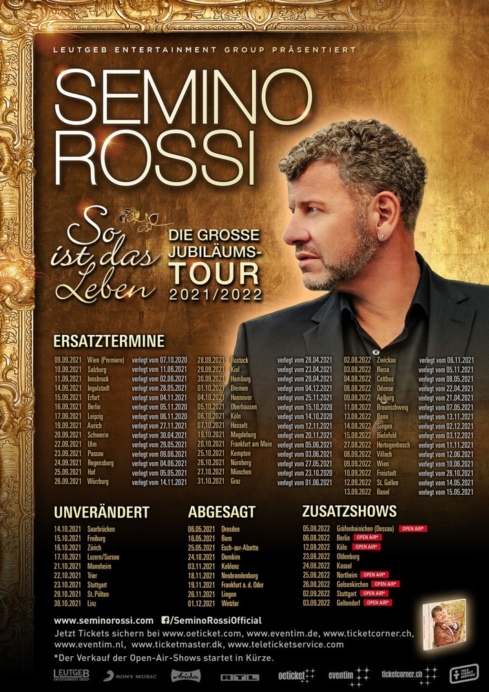 Tourneeverschiebung: Semino Rossi – „So ist das Leben“, die große Jubiläumstour 2021/2022